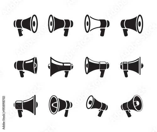 Set of twelve megaphone icons in various solid shapes and orientations for sound and announcement concepts