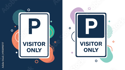 Visitor only parking sign design shown in two color variations with a large P symbol and abstract geometric shapes.
