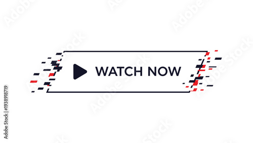 Watch now video player button with a play icon and a glitchy geometric border design isolated on a white background.