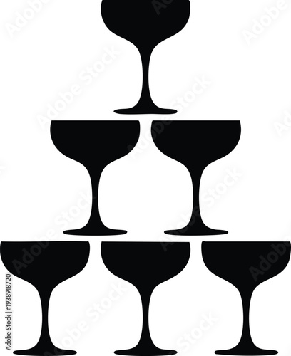 Champagne Coupe Glass Tower Silhouette, Stacked Party Glassware Pyramid Graphic, Minimalist Wedding Reception Champagne Tower, vector, illustration, silhouette.
