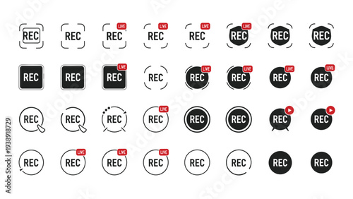Collection of recording status icons and badges with rec text and red live indicators in various shapes and styles.