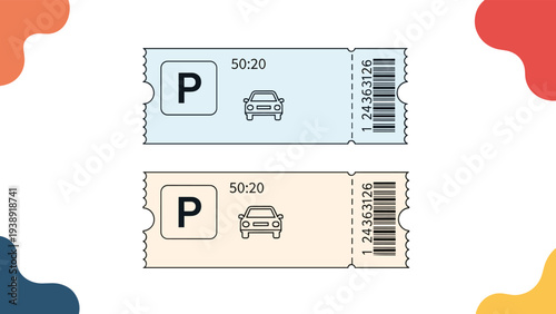 Two parking ticket designs in light blue and beige colors featuring a car icon, time, barcode, and perforated edges.