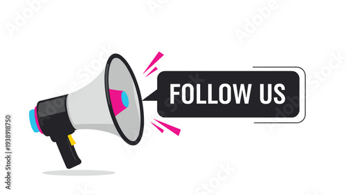 Follow us call to action banner featuring a megaphone icon and a black speech bubble for social media marketing.