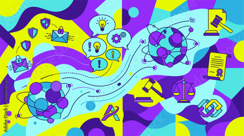 Legal Tech, Cybersecurity, Global Network, Data Protection, Innovation, Justice Symbols, Digital Law & Intellectual Property, Modern Flat Line Art, Abstract Vector Illustration