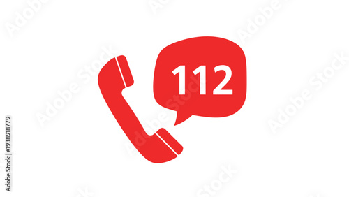 Emergency number one one two icon featuring a red telephone receiver and a speech bubble for urgent assistance.