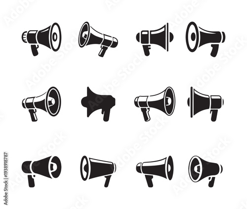 Set of twelve black and white megaphone icons showing various angles and styles for communication