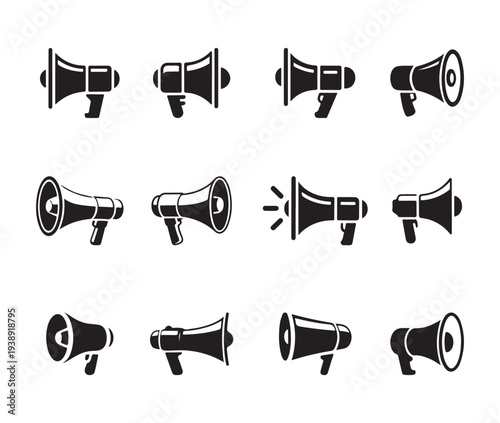 Twelve different silhouette icons of megaphones shown from various perspectives suitable for alerts