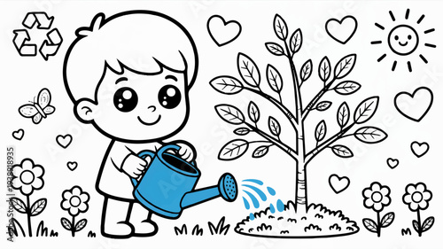 Happy child watering a young tree with a blue watering can in a garden full of flowers and hearts