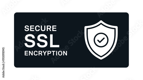 Secure SSL encryption badge featuring a white shield with a check mark on a dark navy rectangular background.