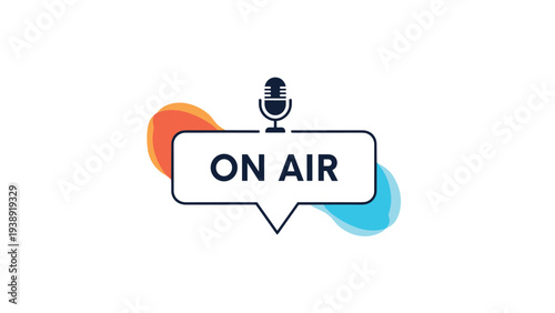 On air radio broadcast or podcast symbol with a microphone and speech bubble for live streaming media production and recording announcements.