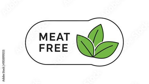 Meat free diet icon with three green leaves inside a rounded pill shape frame for vegetarian and vegan food labeling and healthy lifestyle.
