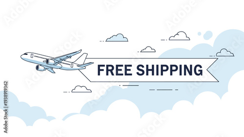Free shipping delivery service banner being towed by an airplane flying through the clouds for e-commerce logistics and global transport.