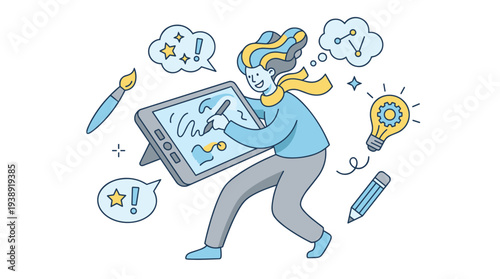 Creative Person Drawing on Digital Tablet with Stylus, Generating Ideas for Graphic Design, Art, Innovation & Inspiration, Modern Line Art Style Blue Yellow Palette, Isolated Vector Illustration.