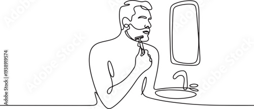 Continuous one single line drawing man shaving with razor in bathroom icon vector illustration concept.one line vector illustration with out background