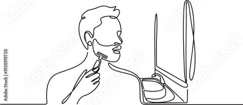 Continuous one single line drawing man shaving with razor in bathroom icon vector illustration concept.one line vector illustration with out background