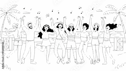 Diverse group of people celebrating with arms raised in joyful festive atmosphere outdoors at night