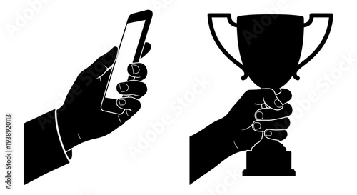 Contrast between virtual achievement and physical trophy celebration Vector, illustration