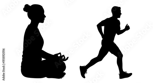 Contrast between relaxation and physical exercise depicted by two silhouettes. Vector, illustration