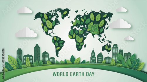 World earth day eco friendly illustration with green cityscape and leafy globe on light blue background