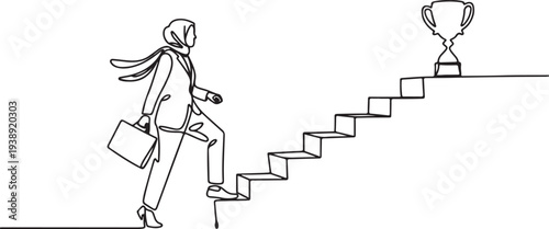 Drawing of muslim businesswoman going up the stairs towards the trophy at the top.one line vector illustration with out background