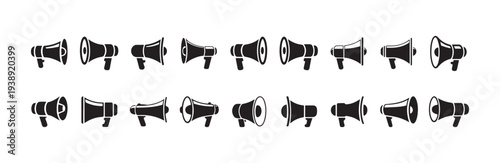 Set of various megaphone icons representing announcement protest rally speech sound promotion communication and loud volume