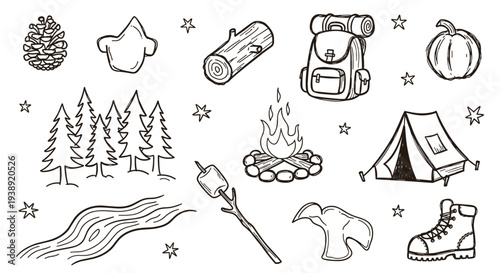 Hand drawn camping elements and outdoor adventure icons perfect for travel and nature themes