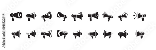 Twenty silhouette icons of bullhorns in different orientations representing mass communication and making noise