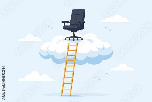 Career success and job position promotion concept with a ladder leading to a management office chair on a cloud. Illustration of corporate ambition, leadership goals, and professional growth.