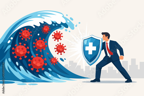 Brave businessman in suit holding a protective shield with cross symbol against a massive wave of red coronavirus cells, symbolizing business protection, immunity, and safety during COVID-19.