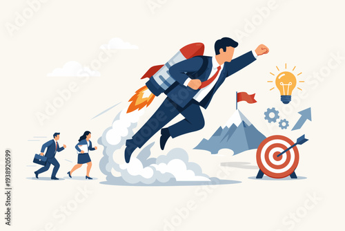 Businessman with jetpack flying fast to reach goal target and mountain peak, leaving competitors behind. Concept of competitive advantage, business innovation, leadership, and winning strategy.