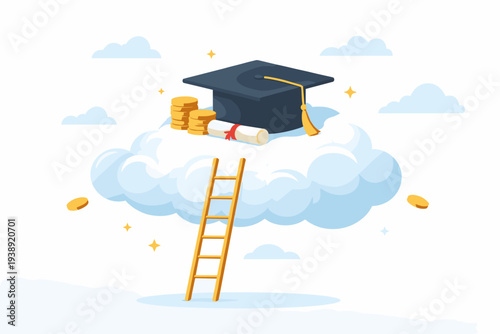 High Cost of Education Concept with Graduation Cap, Diploma, and Gold Coins on a Cloud with a Ladder, Representing Student Debt, University Tuition Fees, Academic Success, and Future Investment