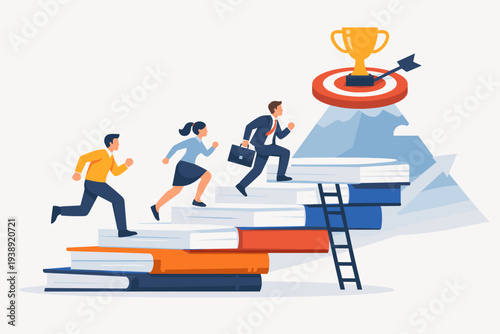 Business people running up a staircase made of books toward a golden trophy on a target atop a mountain, representing education, knowledge, and lifelong learning as paths to career success.