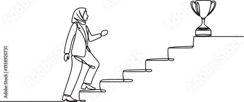 Drawing of muslim businesswoman going up the stairs towards the trophy at the top.one line vector illustration with out background