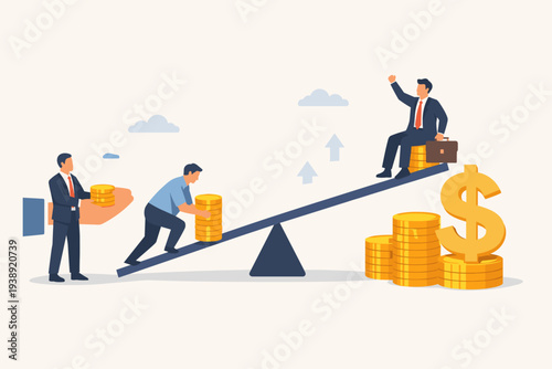 Leverage investing and financial growth concept with businessmen using a seesaw lever to increase potential returns, investor borrowing money to maximize profit and wealth accumulation strategy.