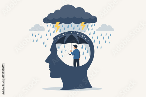 Mental Health Protection Concept with Man Holding Umbrella Inside Human Head Silhouette to Shield from Rain and Storm Clouds Representing Depression, Anxiety, Emotional Stress and Resilience.