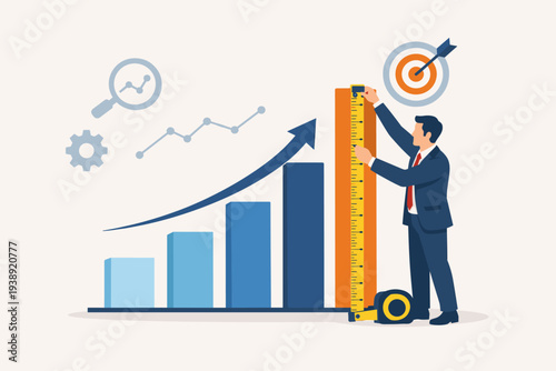 Businessman measuring success and growth with a tape measure on a bar chart, key performance indicator KPI concept for business progress analysis, benchmarking, and strategic goal achievement.