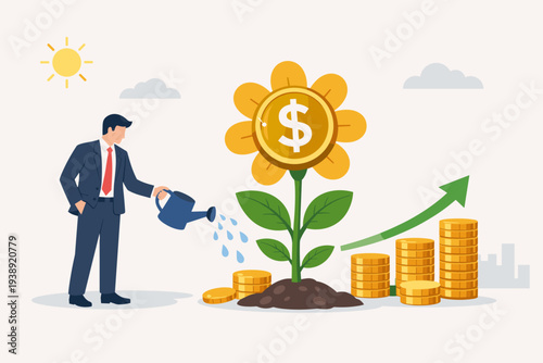 Businessman Watering a Money Plant with Dollar Coin Flower, Stacks of Gold Coins and Green Upward Arrow Representing Financial Growth, Investment Success, Wealth Accumulation, and Pension Fund.