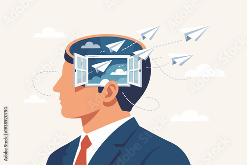 Open Mind Concept with Paper Airplanes Flying Out of a Window in a Man's Head, Symbolizing Creative Thinking, Inspiration, New Ideas, Mental Freedom, and Business Innovation Vector Illustration.