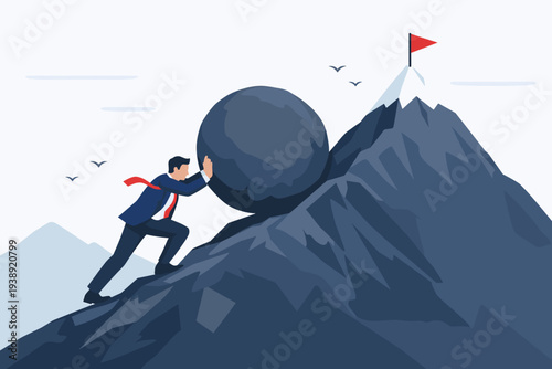 Businessman Pushing Large Boulder Up Steep Mountain to Reach Red Flag Goal. Concept of Perseverance, Grit, Persistence, Resilience, and Hard Work to Achieve Success and Overcome Challenges.
