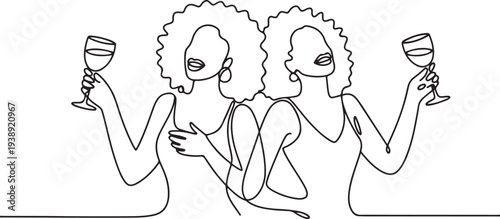 Girls drinking alcohol continuous one line vector drawing. Hand drawn girlfriends with curly hair. Happy African Women hold wine glasses. Girl cocktail party.one line vector illustration 