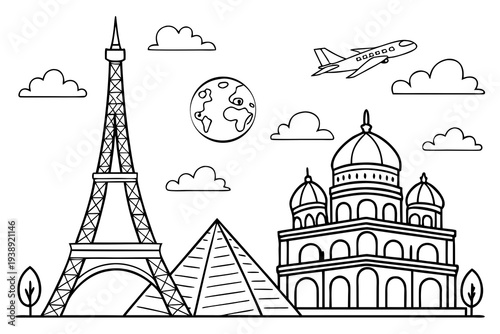 Around the World Coloring Page for Kids - Landmarks, Travel, Globe Line Art