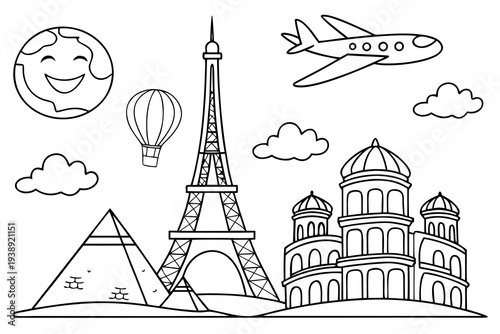 Around the World Coloring Page for Kids - Landmarks, Travel, Globe Line Art