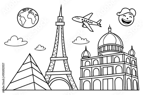 Around the World Coloring Page for Kids - Landmarks, Travel, Globe Line Art