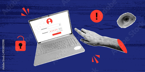 Trendy cyber attack desktop concept with laptop screen and password error warning symbol in retro halftone collage style. Contemporary hacking security breach vector illustration