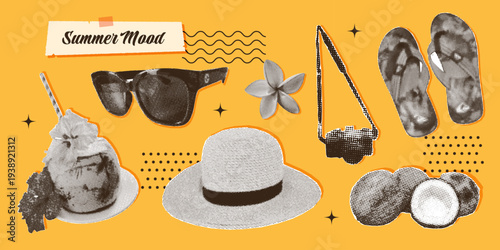 Retro summer beach collage set with sunglasses, tropical cocktail, hat, coconut, camera, flower, flip flops in halftone style. Vector illustration