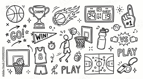 Collection of hand drawn basketball doodle elements including ball hoop player and court strategy icons on white background, symbolizing athletic competition or sports blog design
