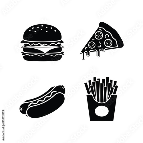 Four classic fast food items are displayed as solid black icons featuring a double cheeseburger, a dripping slice of pizza, a hot dog, and a carton of french fries.