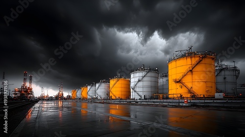 Large scale storage tanks under moody sky geopolitical supply risk narrative