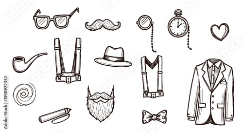 Vintage Gentleman Accessories Collection Hand Drawn Sketch Style Retro Gentleman Style Elements Fashion Icons