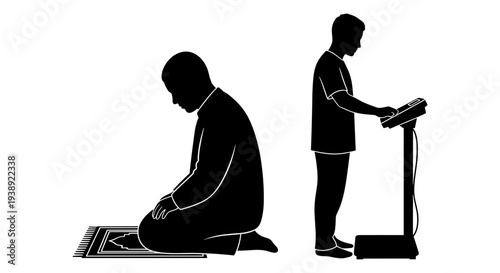 A person leading a prayer session while another individual prays in a kneeling position. Vector, illustration